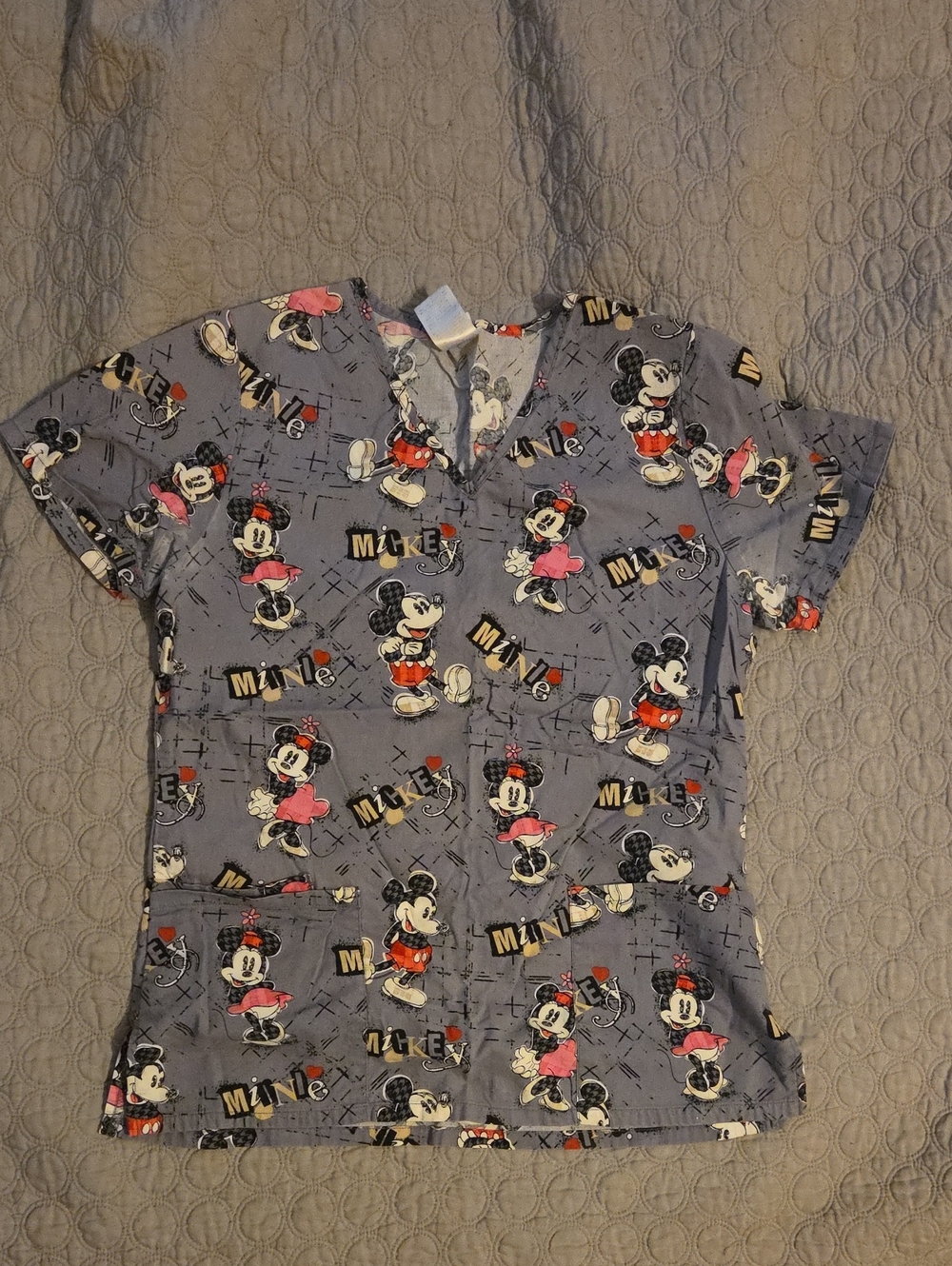 Disney Scrub Gray Mickey & Minnie Short Sleeve Kids Top with Pink & Red Accents